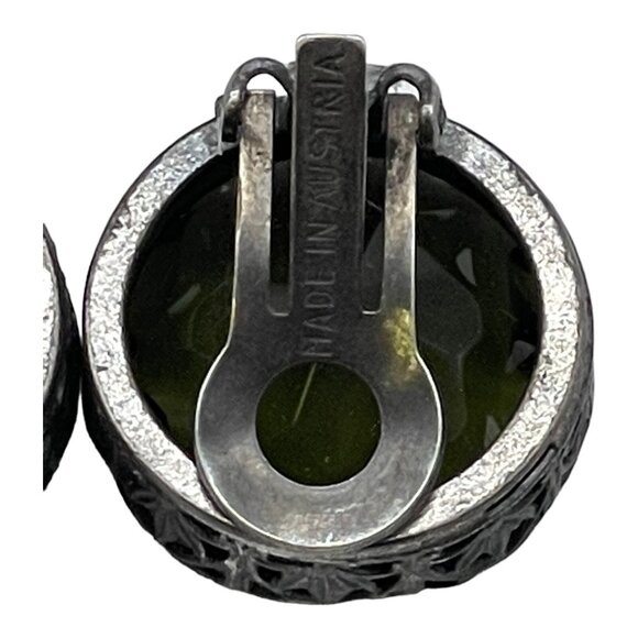 Vintage Made in Austria Dark Green Headlight Silver-tone Clip on Earrings HTF - Picture 10 of 16